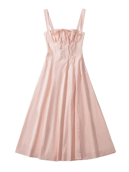 Chu Sau beauty 2024 Women Fashion Sweet Bow Tie French Midi Dress Cute Square Collar Sexy Slim Backless Split Straped Dresses