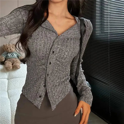 Y2k Knitted Cardigan Women  Collar Sweater Coat Vintage Long Sleeve Single Breasted Top Autumn Fashion Girls Knitwear Jumper