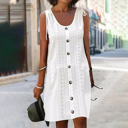 maoxiangshop Fashion O-neck White Lace Tank Dress Women Summer Casual Buttons Sexy Cotton Hollow Out Elegant Ladies Dresses For Women