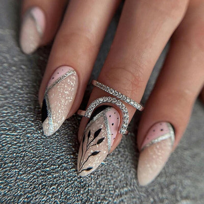 24Pcs False Nails With Glue Almond Pink Butterfly Design Detachable Rhinestones Acrylic Fake Nails long stiletto Press On Nails