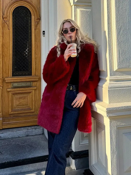 maoxiangshop  -  Red Faux Fur Jacket Women Lapel Full Sleeves Single Breasted Female Jackets 2024 Autumn Winter Fashion Casual Warm Lady Coats