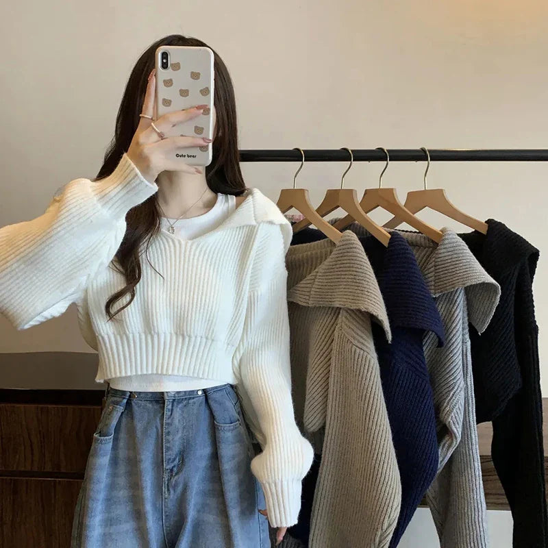 maoxiangshop Rimocy Long Sleeve Cropped Sweater Women Autumn Winter Turn Down Collar Knitted Jumper Woman Korean Style Solid Color Jerseys