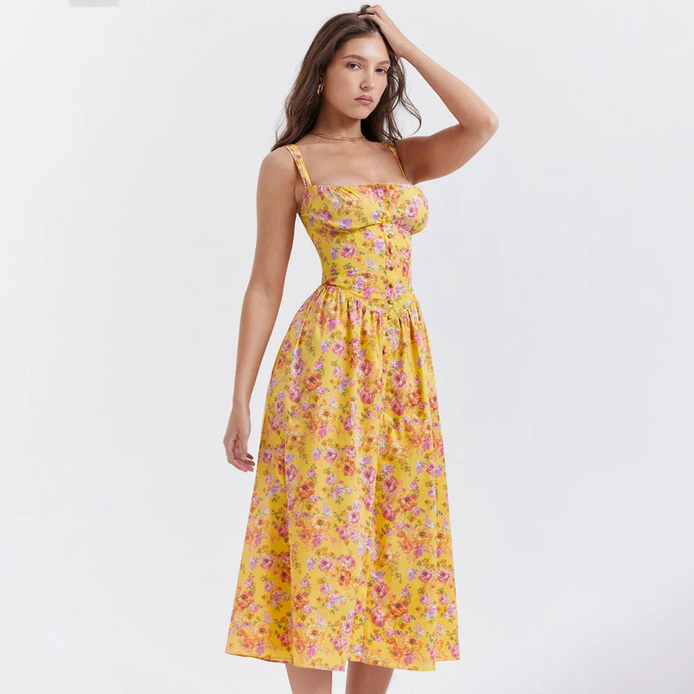 Summer Dress New Arrivals Casual Yellow Floral Print Dress Elegant Lace Up Party Dresses Sexy Women's Clothing