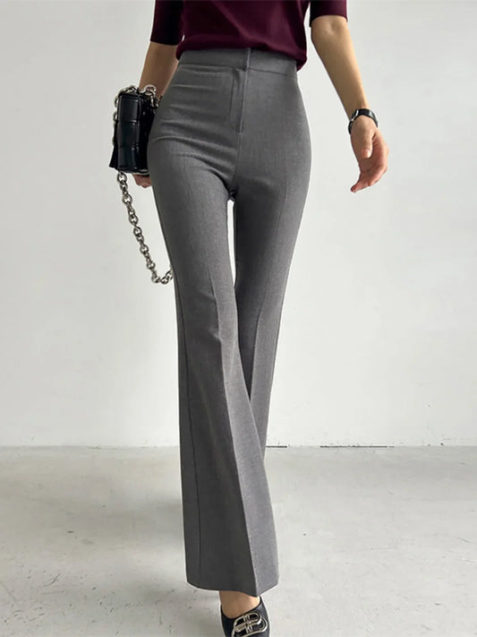 maoxiangshop  -  Elegant Women Grey Flare Suit Pants Loose 2024 Autumn Office Ladies Korean High Waist Pockets Casual  Trousers
