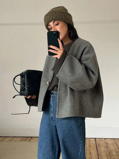 maoxiangshop  -  Woolen Coat Women Grey Autumn Winter Crop Overcoat Lady Elegant Fashion Long Sleeve Jacket Female Casual Loose V-Neck Coats