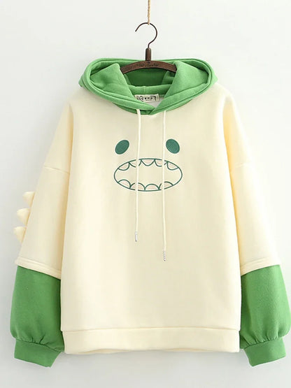 maoxiangshop Harajuku Kawaii Hoodies Cartoon Dinosaur Print Casual Women Winter Warm Fleece Hooded Cotton Sweatshirt Teen Girls Cute Top