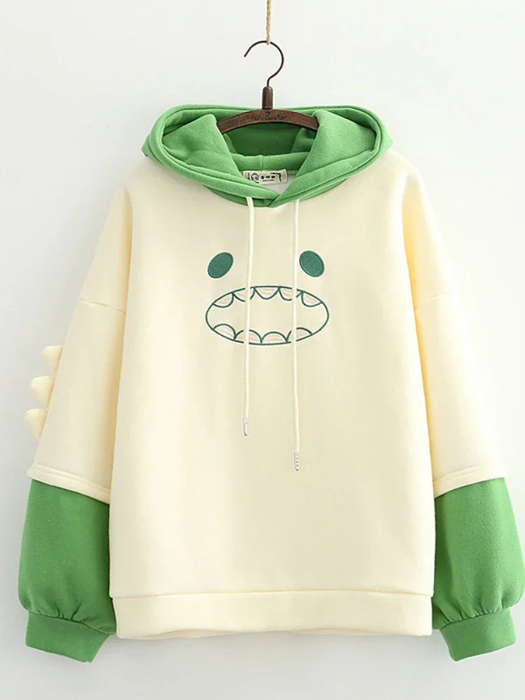 maoxiangshop Harajuku Kawaii Hoodies Cartoon Dinosaur Print Casual Women Winter Warm Fleece Hooded Cotton Sweatshirt Teen Girls Cute Top