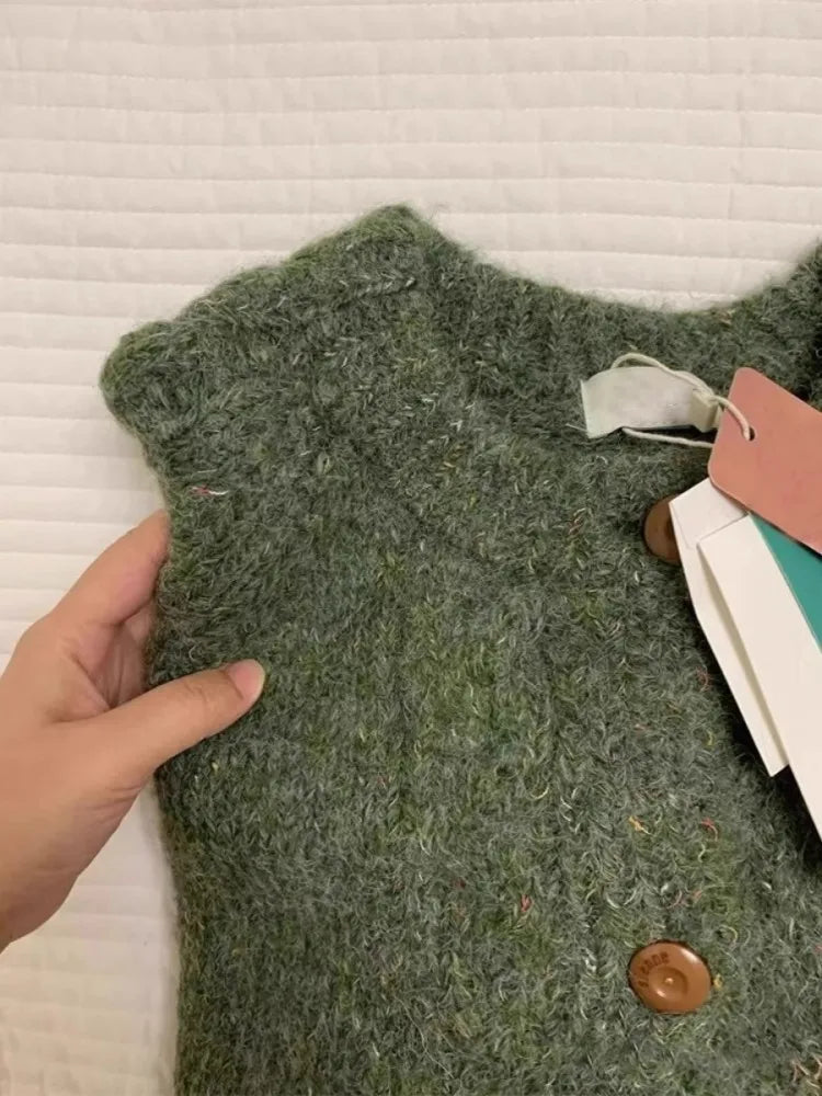 maoxiangshop  -  Retro Green Casual Knitted Jacket Women's Autumn And Winter New Round Neck Loose Single Breasted Short Top