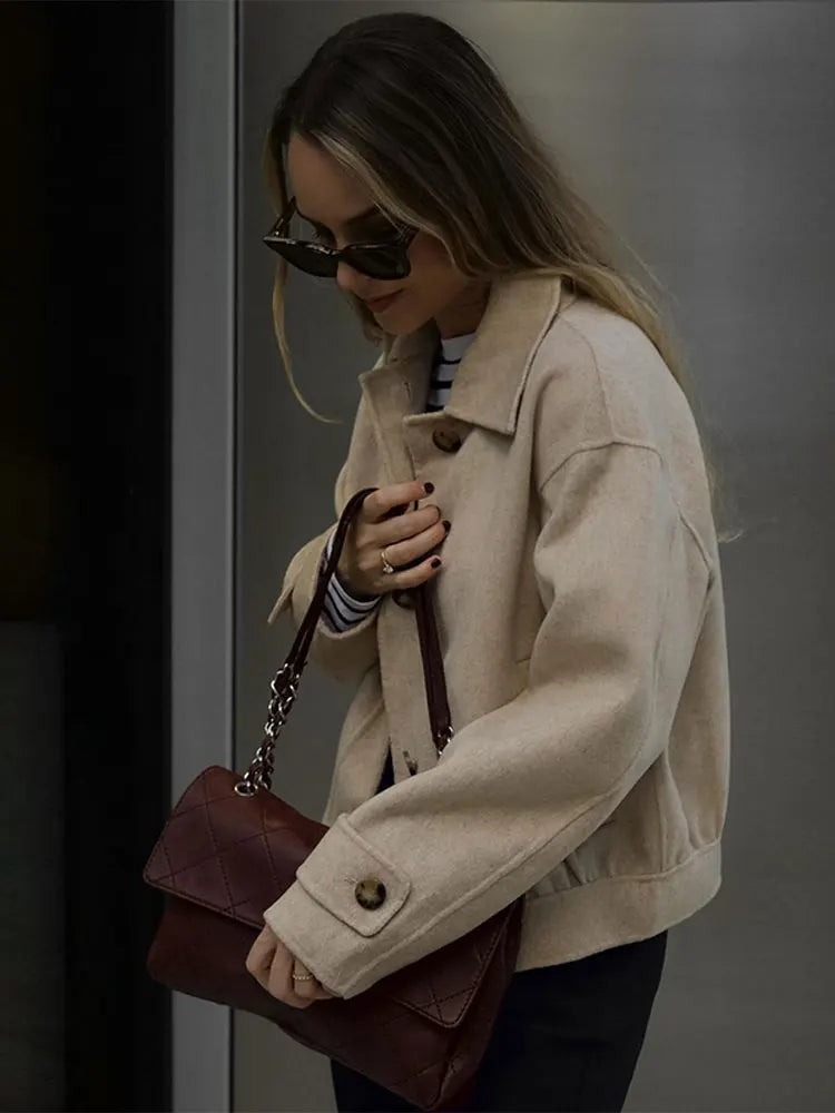 maoxiangshop -  Lapel Collar Long Sleeve Woolen Jacket Women Single-breasted Warm Short Coats Autumn Winter Fashion Female Streetwear