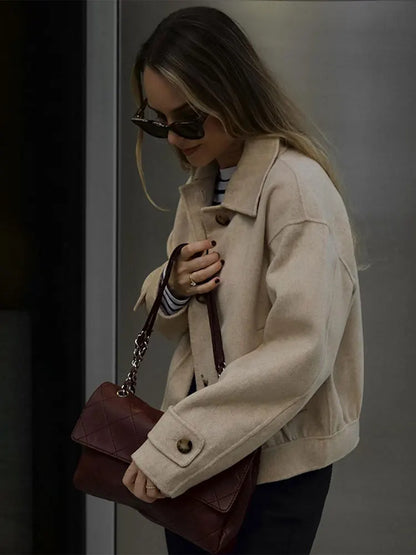 maoxiangshop -  Lapel Collar Long Sleeve Woolen Jacket Women Single-breasted Warm Short Coats Autumn Winter Fashion Female Streetwear