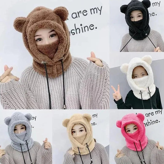 maoxiangshop Cute Winter Earflaps Plush Bear Ears Hats adult Warm Mask for Outdoor Women Bonnet Hood