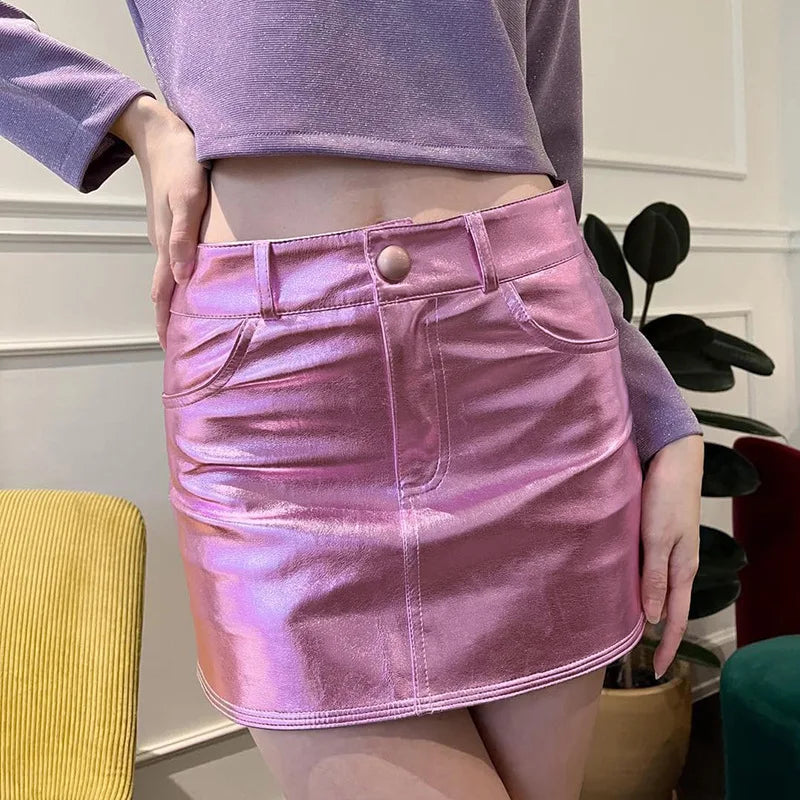 maoxiangshop Y2k Pink Metallic Fashion Hot Girls Short Skirt Pockets Slim Fit Bright High Waist Korean Fashion Halfskirt Women Clothing