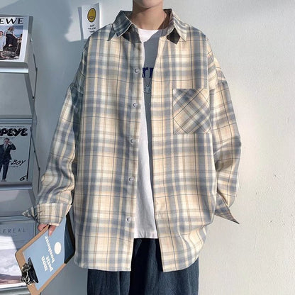 maoxiangshop Spring Autumn Casual Plaid Shirts Men Loose Turn Down Collar Long Sleeve Shirt for Man