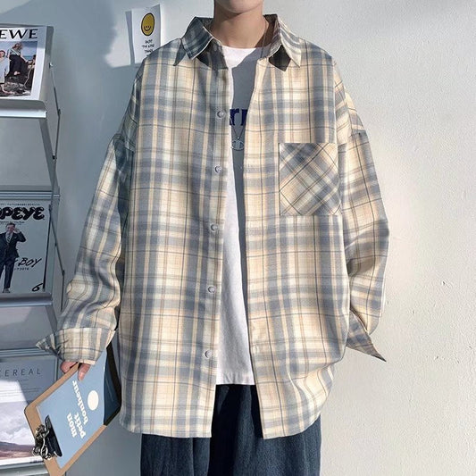 maoxiangshop Spring Autumn Casual Plaid Shirts Men Loose Turn Down Collar Long Sleeve Shirt for Man