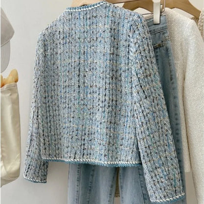 2024 Autumn Winter New Blue Tweed Knitted Coat Women's French Style Overcoat Small Fragrant Style Outwear Suit Top Short Jacket