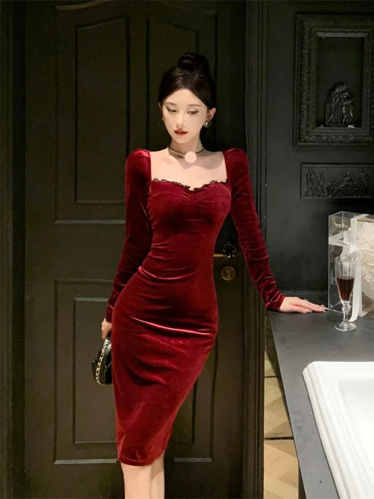 maoxiangshop NEW YEAR DRESS TO IMPRESS Autumn Winter Dresses Women Elegant Sexy Square Collar Slim Long Sleeve Vintage Velvet Dress Female French Style Chic