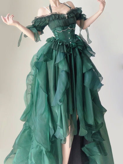 maoxiangshop Green Flower Wedding Dress Cos Lolita Dress Op Dress Lolita Heavy Industry Trail Puffy Princess Dress, Lolita Cosplay