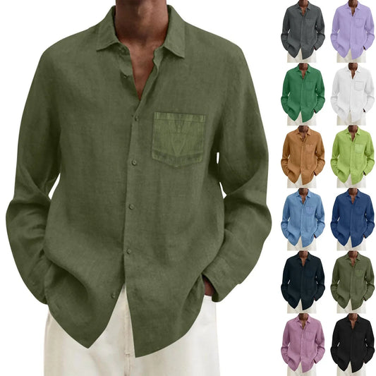 maoxiangshop Male Summer Cotton Linen Solid Casual Plus Size Loose Shirt Mens Turn Down Long Sleeve Shirt