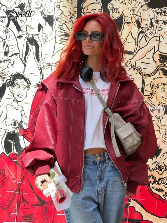 maoxiangshop  -  Chic Wine Red Leather Contrast Stitch Jacket Fashion Oversized Zipper Long Sleeve Women Coat 2024 Autumn Casual Office Outerwear