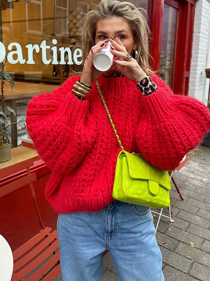 maoxiangshop -  Elegant Women's Knitwear Sweater Loose Thick Warm Casual Solid  Long Sleeve Pullover Autumn Winter Office Basic Female Tops