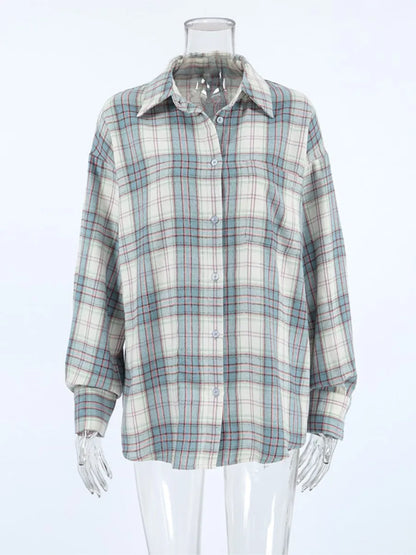 maoxiangshop  -  2024 New Classic Plaid Blouse Women Casual Long Sleeve Turndown Collar Shirts Autumn Spring Simple Fashion Blouse Outerwear Lady