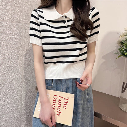 maoxiangshop Summer Vintage Striped Polo Collar T Shirts Women's Knitted Short Sleeve Thin Cropped Tshirt Crop Top For Slim Girls