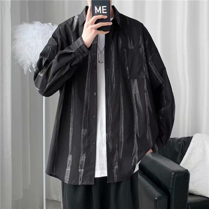 maoxiangshop Men's Clothing Turn-down Collar Handsome Long Sleeve Button Spring Summer Thin Man Printing Loose Streetwear Casual Korean