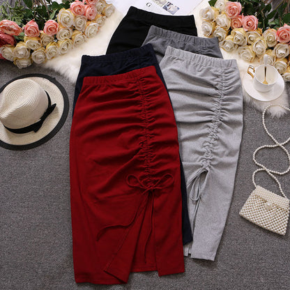 maoxiangshop Women Solid Drawstring Sheath Skirts Elastic High Waist Female Fashion Bodycon Irregular Midi Pencil Skirts