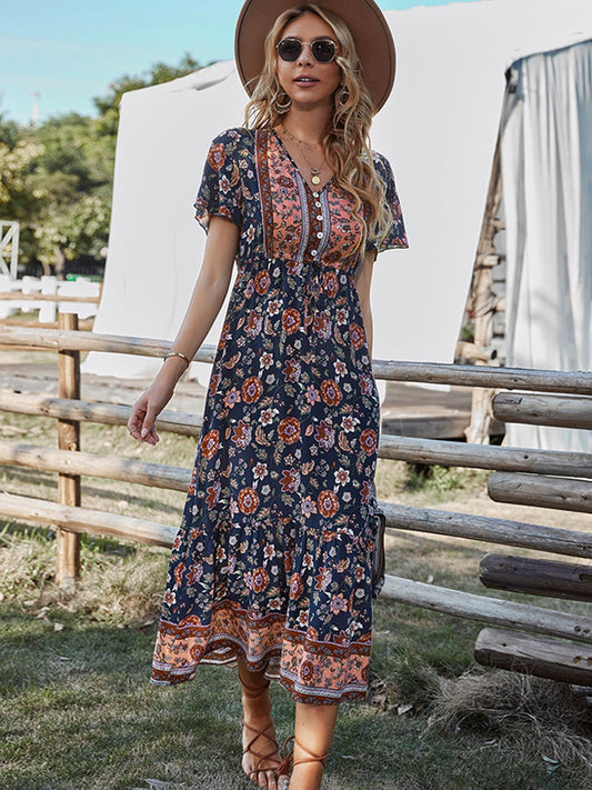 Boho Dress For Women Flower Print V Neck Short Sleeve High Waist Summer Dresses Casual Beach Holiday Vestidos Female