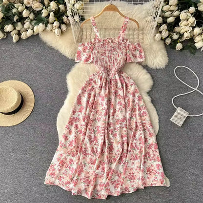 maoxiangshop Romantic Floral Print Long Summer Dress Women Fashion Off Shoulders Straps Vacation Beach Dress Korean Party Vestidos