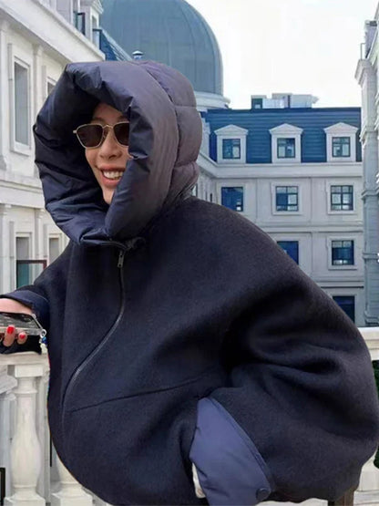 maoxiangshop  -  Zipper Panelled Women's Jackets With Hoodies Casual Drawstring Long Sleeved Jacket Female Autumn Winter Short Loose Outwear Tops