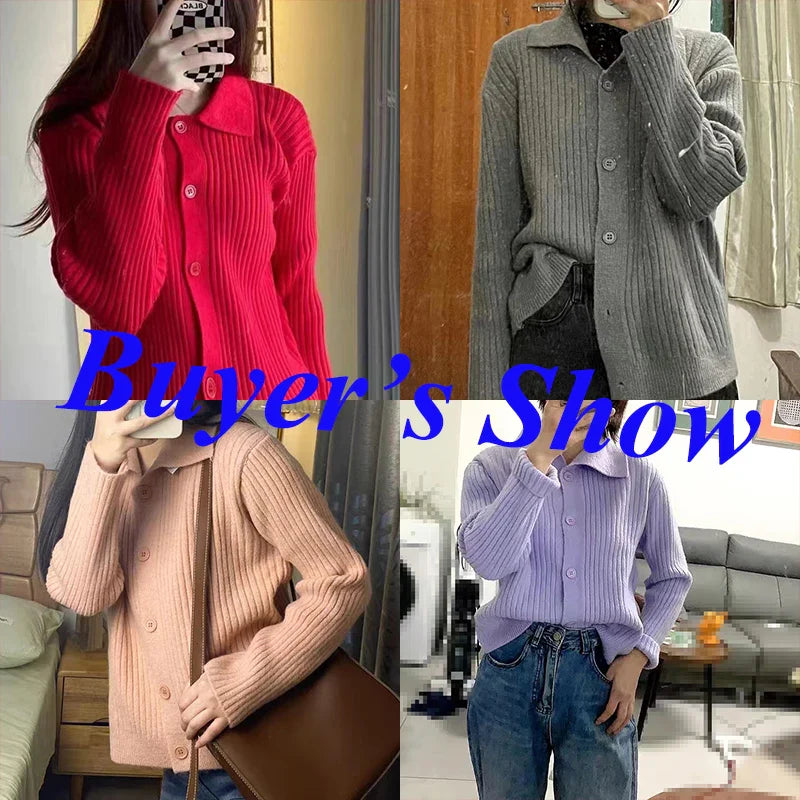 maoxiangshop Turn Down Knit Cardigan Women Autumn Winter Button Up Solid Color Sweater Coats Woman Long Sleeve Soft Cardigans Ladies