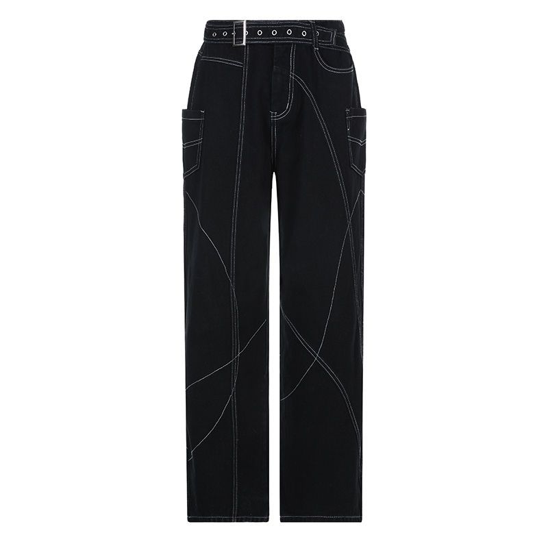 Harajuku Fashion Eyelet Waist Buckle High Waisted Jeans Women Personality Slim Casual Black Pants All Match Straight Trousers