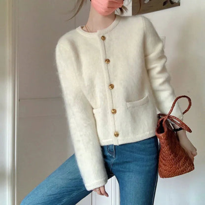 maoxiangshop Elegant Knitted White Jacket Women Round Neck Autumn Winter Fuzzy Cardigan Woman New Long Sleeve Sweater Jacket