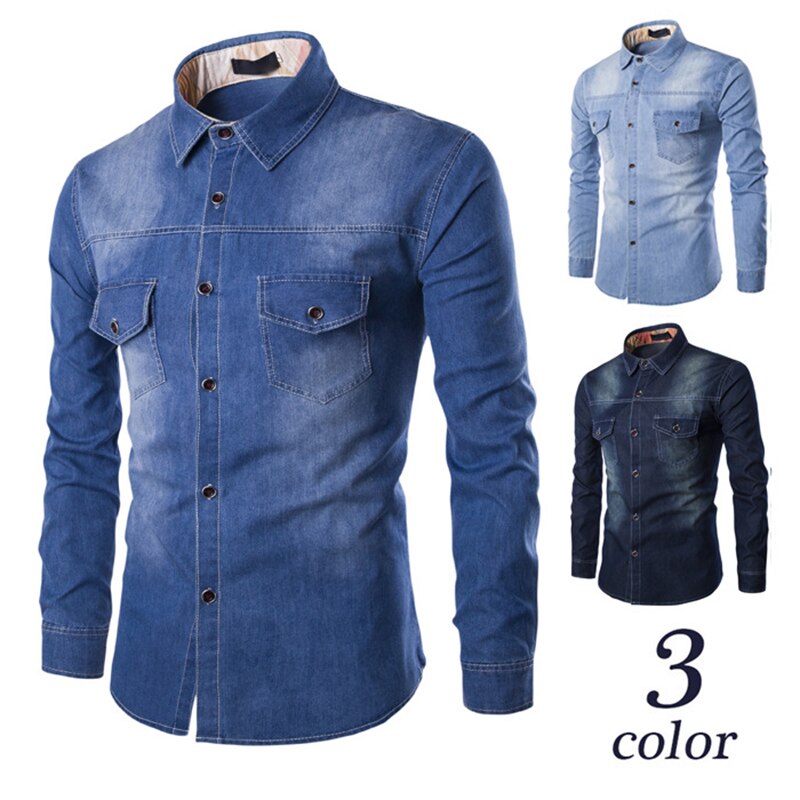 maoxiangshop Fashion Mens Denim Shirt Long Sleeve Plus Size Cotton Jeans Cardigan Casual Slim Fit Shirts Men Two-pocket Tops Clothing M-6XL