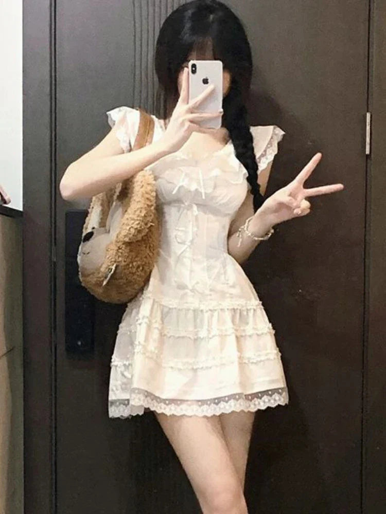 Y2k Coquette White Lolita Sweet White Kwaii Cute Mini Dress Women Lace Bow Princess Slip Lace Short Dresses 2024 Fashion