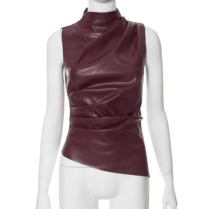 maoxiangshopPU Leather Tank Top High Fashion Asymmetrical Ruched Sleeveless Blouse Winter Sexy T Shirt For Women Y2K Clothes