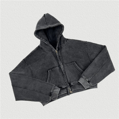 Retro Winter Women Oversize Super-Short Zipper Hoodies Female Thick Fleece Hooded Coat 355gsm