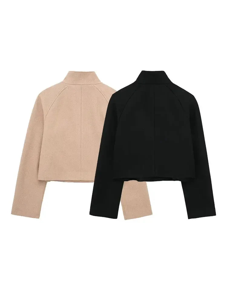 maoxiangshop -  Women's Winter Crop Jakcet Casual Long Sleeve Double Breasted Stand Collar Wool Blend Coat Female Fashion Chic Top Y2K