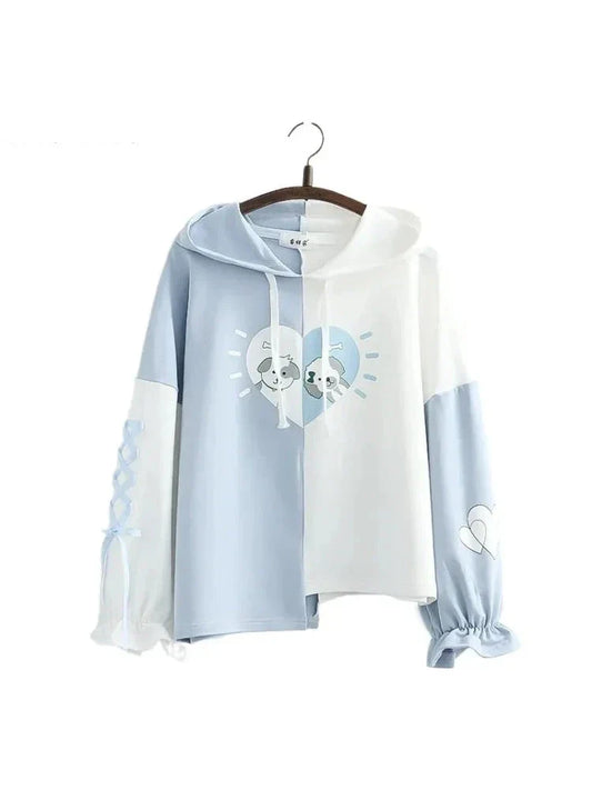 maoxiangshop Pink Patchwork Cotton Hoodies For Women Summer Harajuku Cartoon Print Lace Up Hooded Sweatshirt Sweet Style Ladie Daily Top