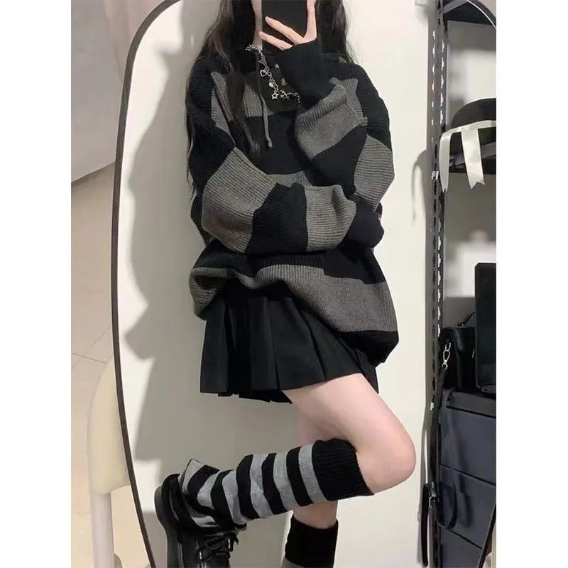 maoxiangshop Women Knitted Sweatshirt Korean Fashion Stripe Female Loose Long Sleeve Sweater Casual Streetwear Jumper Autumn New