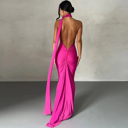 maoxiangshop Backless Maxi Dress Elegant Red Long Sleeve Sexy Ruched Bodyocn Evening Party Dress for Women Spring Slim Christmas Outfits