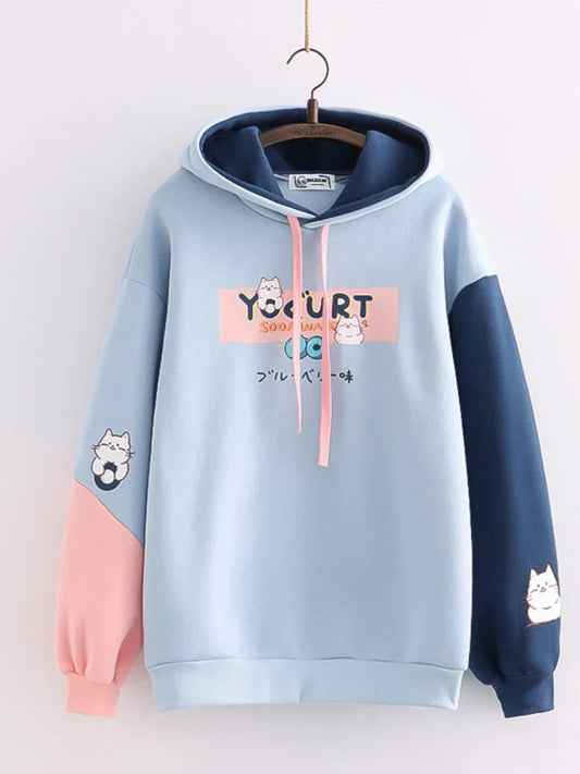 maoxiangshop Kawaii Cat Print Women Hoodies Spring Long Sleeve Drawstring Cotton Hooded Sweatshirt Female Harajuku Cute Pullover Tops