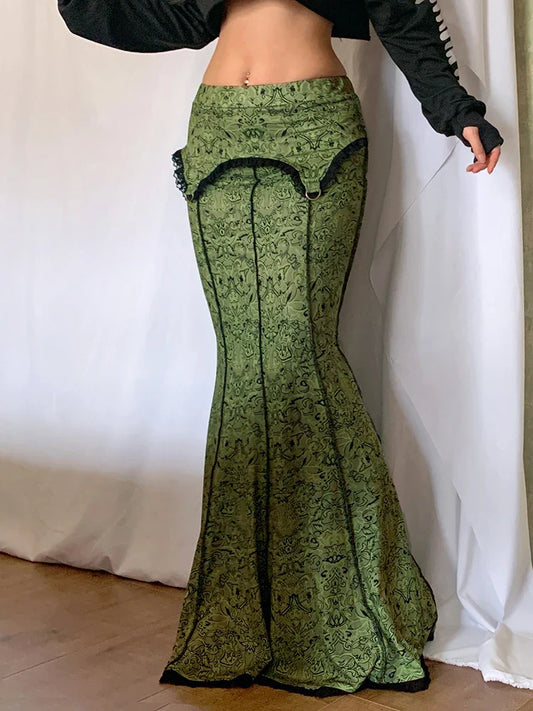 maoxiangshop Vintage Fashion Elegant Green Trumpet Long Skirt Graphic Printed Lace Trim Y2K High Waist Skirt Women 2000s Aesthetic