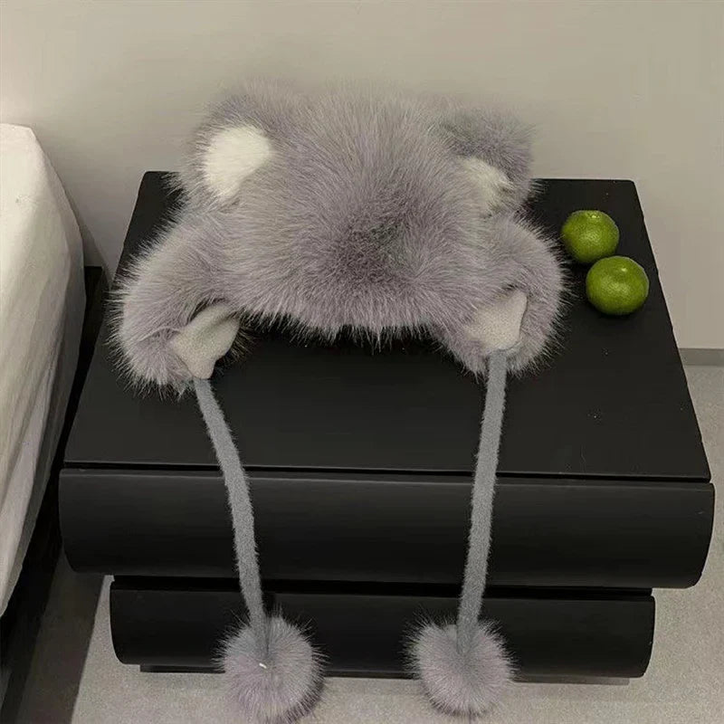maoxiangshop  -  Winter Bear Ears Hat with Strap Pompom Women Fluffy Fur Fleeze Ear Protection Beanies Outdoor Windproof Cold Warm Plush Bonnet