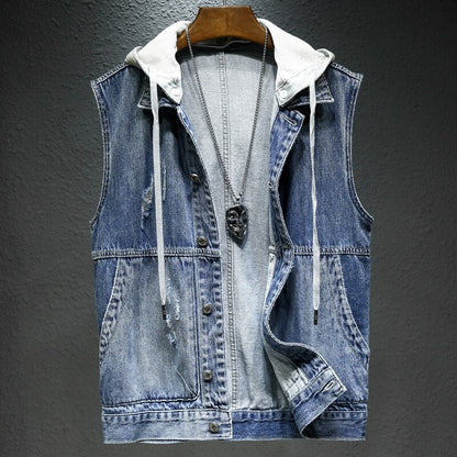 maoxiangshop Plus size Short Denim Vest men Detachable Hooded Coat Spring summer Side pockets Sleeveless Jeans Jacket Men's Tops-4XL