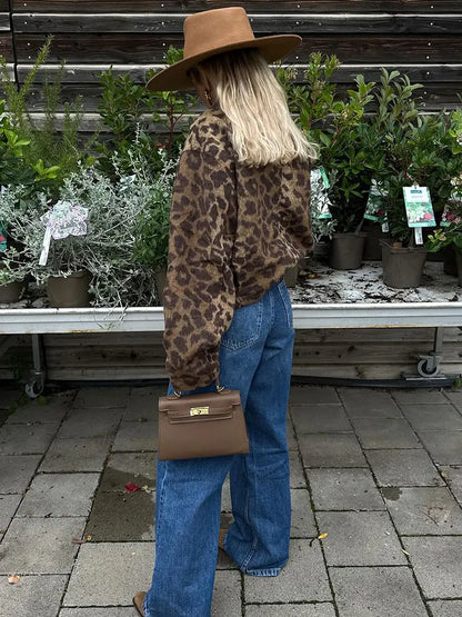 maoxiangshop -  Chic Leopard Button Short Coats For Women Elegant Long Sleeve Lapel Plush Jackets Ladies Fashion Winter High Street Outerwear