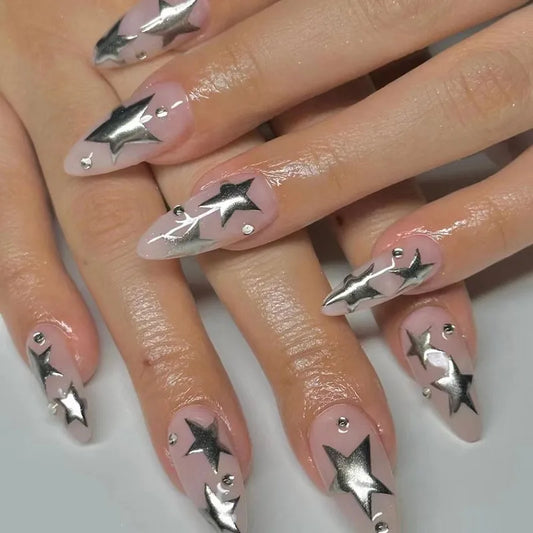 24Pcs Long Stiletto False Nail with Rhinestone Silver Star Design Fake Nails Wearable Almond Press on Nails Full Cover Nail Tips