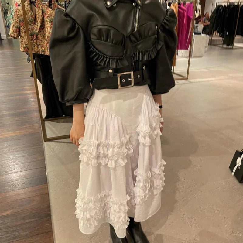 maoxiangshop Irregular Pleated Skirt Solid Color Elastic High Waist Stitching Ruffled Woman Skirt Simple Fashion  Autumn New