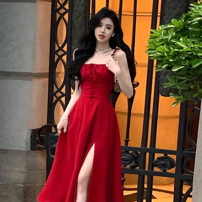 maoxiangshop-French Elegant White Strap Midi Dress Summer New Casual Evening Party Dress Women Beach Sleeveless Lace-up Red Dress Korean